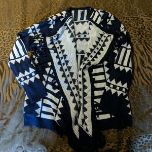 Navy and white aztec sweater with fringe
